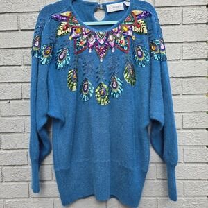Vintage Cedars Beaded Sequin Holiday Sweater M Blue Angora Silk 80s Party Glam